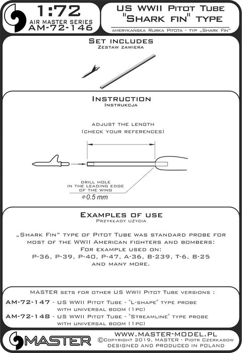 MASTER AM-72-146 1/72 US WWII Pitot Tube - "Shark-fin" type probe (1 pc) - used on P-36, P-39, P-40, P-47, A-36, B-239, T-6, B-25 and many more