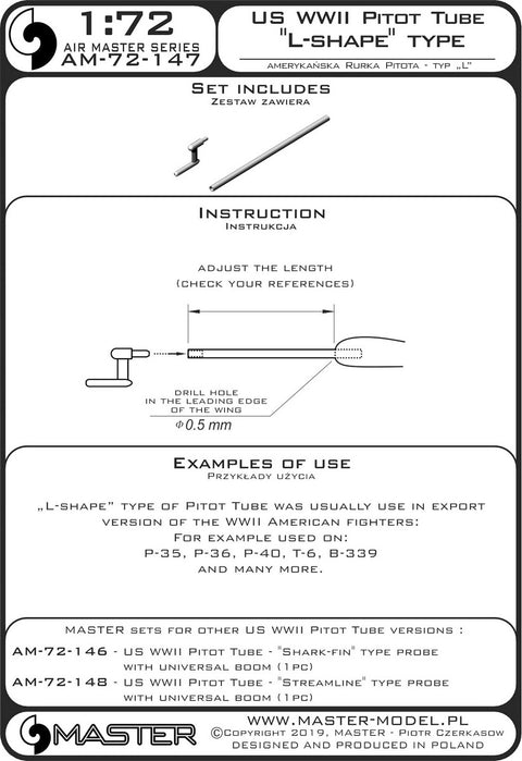 MASTER AM-72-147 1/72 US WWII Pitot Tube - "L shape" type probe (1 pc) - use on export versions of US aircrafts (e.g. P-35, P-36, P-40, T-6, B-339)
