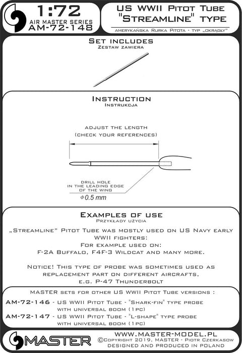 MASTER AM-72-148 1/72 US WWII Pitot Tube - "Streamline" type probe (1 pc) - mainly used on US Navy early aircrafts (e.g. F-2A Buffalo, F4F-3 Wildcat)