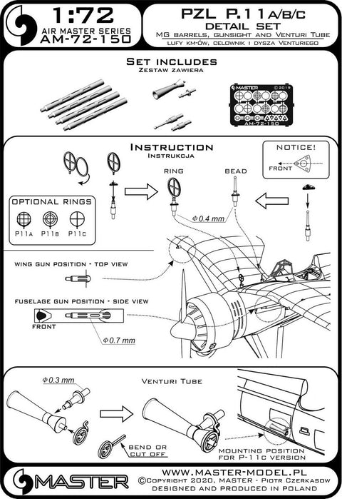 MASTER AM-72-150 1/72 PZL P11a/b/c - details set - wz. 33 machine gun barrels, gunsight and Venturi Tube