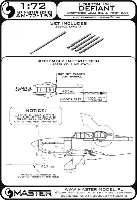 MASTER AM-72-153 1/72 Boulton Paul Defiant - Pitot tube & Browning .303 cal barrels
