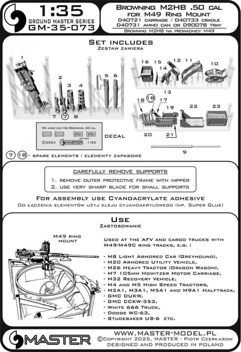 MASTER GM-35-073 1/35 Browning M2HB .50 cal (12,7mm) - for M49 Ring Mount (D40721 carriage / D40733 cradle / D40731 fixed ammo can or D90078 tray)