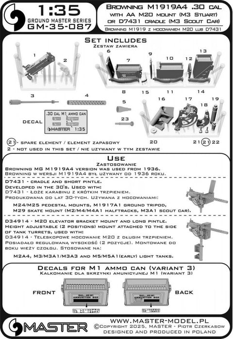 MASTER GM-35-087 1/35 Browning M1919 A4 .30 cal (7,62mm) - with anti-aircraft M20 mount (used e.g. on M3 Stuart) or D7431 cradle (e.g. M3 Scout Car)