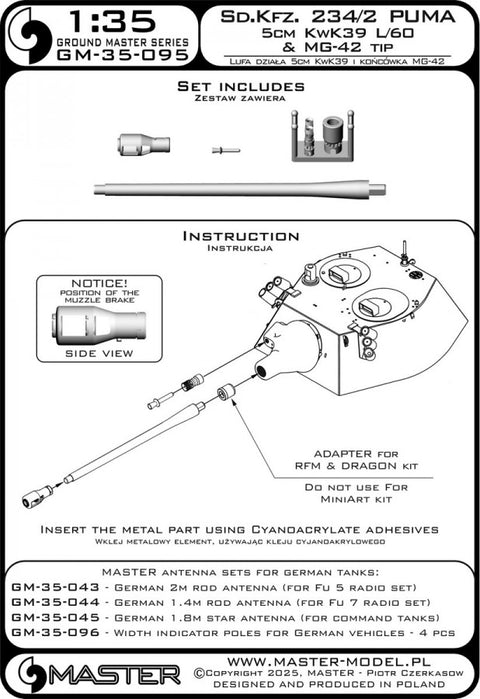 MASTER GM-35-095 1/35 Sd.Kfz. 234/2 Puma - 50mm KwK39 L/60 gun barrel & MG-42 tip for mantlet (for MiniArt, RFM, Dragon kit)