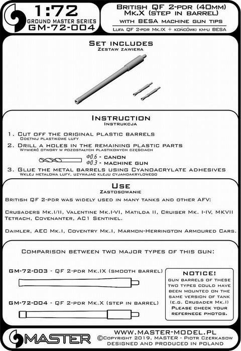 MASTER GM-72-004 1/72 British QF 2-pdr (40mm) - version Mk.X (step in barrel) + Besa MG tips - for Crusader Mk.I/II, Valentine, Matilda II, and other AFV