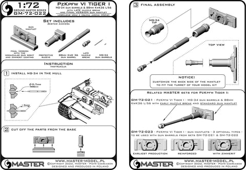MASTER GM-72-022 1/72 PzKpfw VI Tiger I - MG-34 gun barrels & 88mm KwK36 L/56 with late muzzle brake and final version gun mantlet