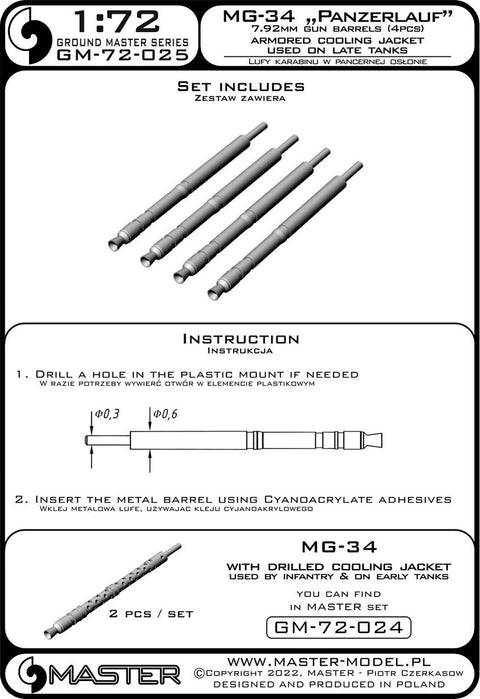 MASTER GM-72-025 1/72 MG-34 "Panzerlauf" (7.92mm) - German machine gun barrels - armored cooling jacket - used on late tanks (4pcs)