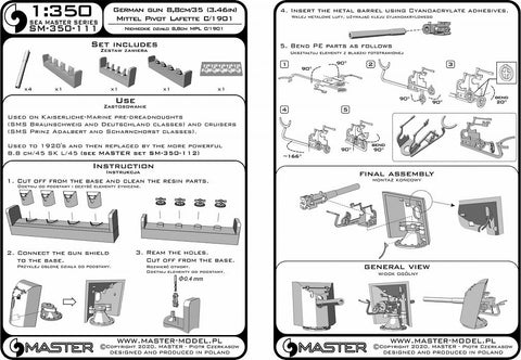 MASTER SM-350-111 1/350 German gun 8,8cm/35 (3.46in) SK L/35 - used in early 1900's (e.g. Schlezwig-Holstein 1908) - (resin, PE and turned parts) - (4pcs)