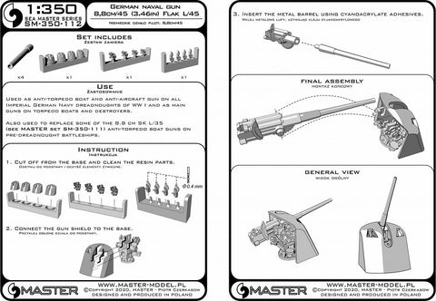 MASTER SM-350-112 1/350 German gun 8,8cm/45 (3.46in) Flak L/45 - used on most German warships of WWI - (resin and turned parts) - (4pcs)