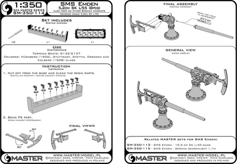 MASTER SM-350-114 1/350 SMS Emden - 5,2 cm SK L/55 guns - (resin, PE and turned parts) - (8pcs)