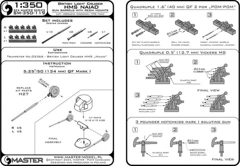 MASTER SM-350-119 1/350 HMS Naiad armament barrels - 5,25in (10pcs), 40mm POM-POM (8pcs), Vickers .50cal (8pcs) and Hotchkiss saluting gun (for Trumpeter kit)