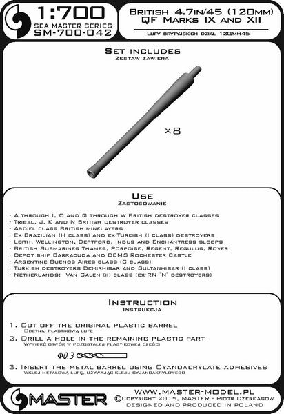 MASTER SM-700-042 1/700 British 4.7"/45 (120mm) QF Marks IX and XII barrels (8pcs) - British destroyer classes - A through N, O, Q through W and Tribal
