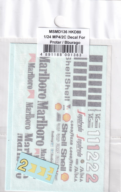 MSM Creation MSMD136 1/24 McLaren MP4/2C Full Decal Set (for Protar)