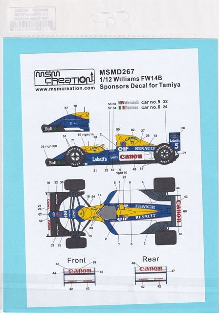 MSM Creation MSMD267 1/12 Williams FW14B 1992 Sponsor Decals (for Tamiya)