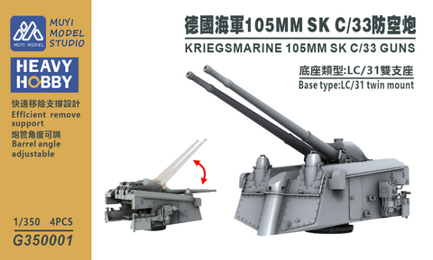 MUYI Model G350001 1/350 German Navy 105mm SK C/33 Gun (LC/31 Twin Mount) – Ultra-Precise 3D Printed Kit (Set of 4)