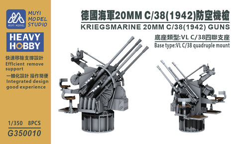 MUYI Model G350010 1/350 German Navy 20mm C/38 (1942) Autocannon – Ultra-Precise 3D Printed Kit (Set of 8)