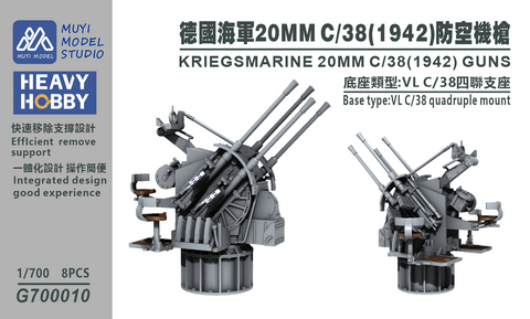 MUYI Model G700010 1/700 German Navy 20mm C/38 (1942) Autocannon – Ultra-Precise 3D Printed Kit (Set of 8)