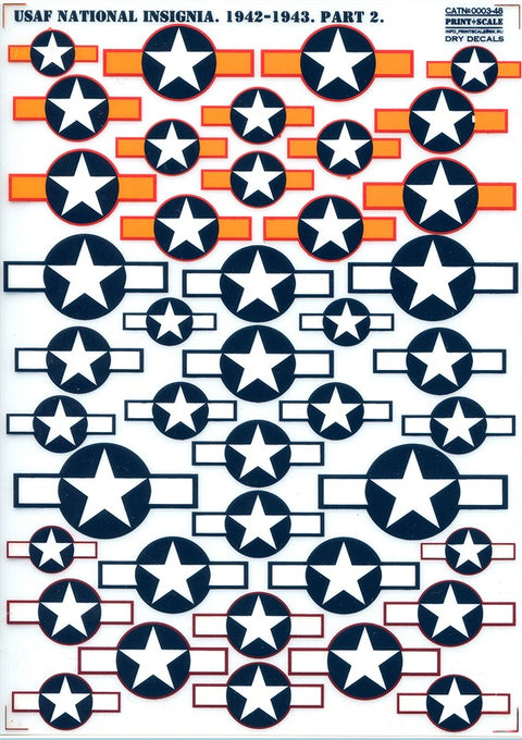 Print Scale 0003-48 1/48 USAF NATIONAL INSIGNIA 1942–1943 PART 2 DRY DECALS LIMITED EDITION