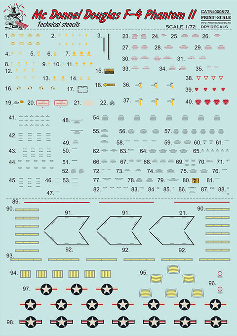 Print Scale 0008-72 1/72 MCDONNELL DOUGLAS F-4 PHANTOM II TECHNICAL STENCILS DRY DECALS LIMITED EDITION