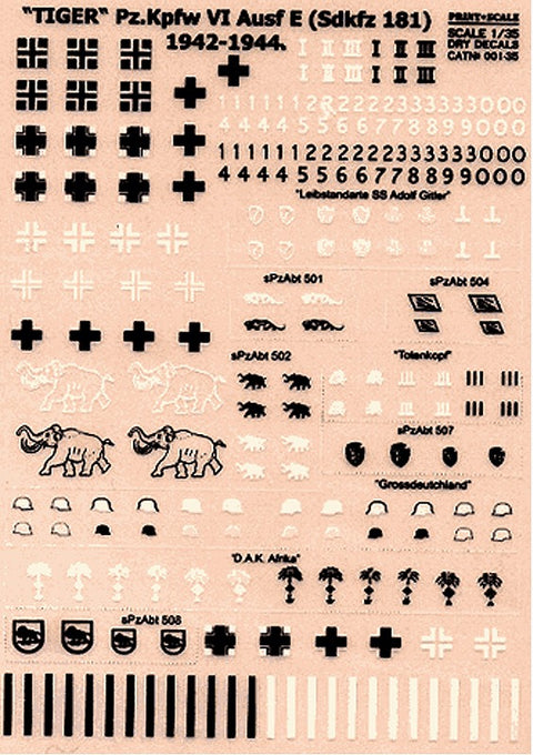 Print Scale 001-35 1/35 TIGER I AUSF E MARKINGS 1942–1944 PART 1 DRY DECALS LIMITED EDITION
