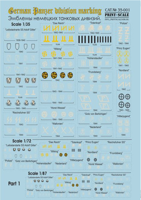 Print Scale 35-001 1/35 German Panzer Division Markings Set Part 1 35-001 Scale 1/35