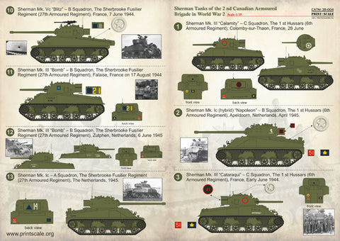 Print Scale 35-004 1/35 Sherman Tanks 2nd Canadian Armoured Brigade WWII Markings Set 35-004 Scale 1/35