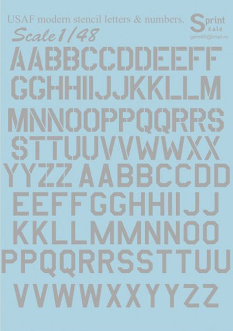 Print Scale 48-004 1/48 USAF Modern Stencil Letters & Numbers Grey 48-004 Scale 1/48 The complete set 1,5 leaf.