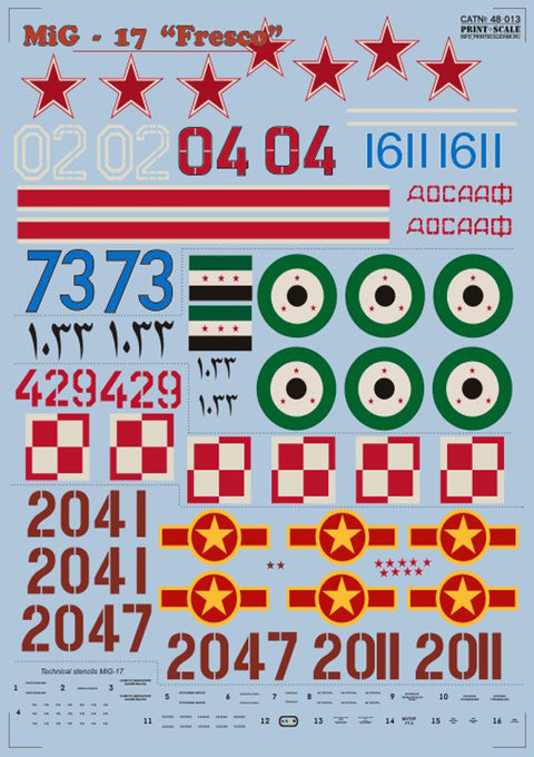 Print Scale 48-013 1/48 MiG-17 Fresco Part 1 Aircraft Markings 48-013 Scale 1/48