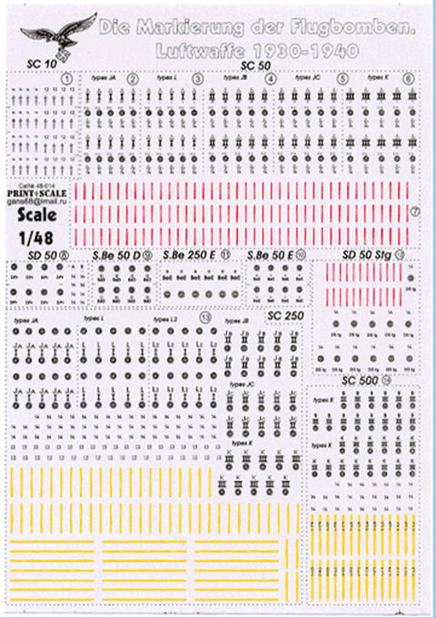 Print Scale 48-014 1/48 Luftwaffe Bomb Markings and Technical Inscriptions 1930–1940 48-014 Scale 1/48