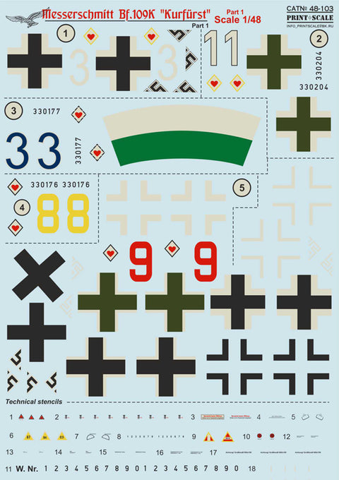 Print Scale 48-103 1/48 Messerschmitt Bf 109K-4 “Kurfürst” Part 1 48-103 Scale 1/48 The complete set 1,5 leaf