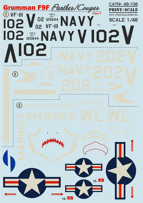 Print Scale 48-108 1/48 Grumman F9F Panther Part 1 The complete set 2 leaf (+technical stencils)