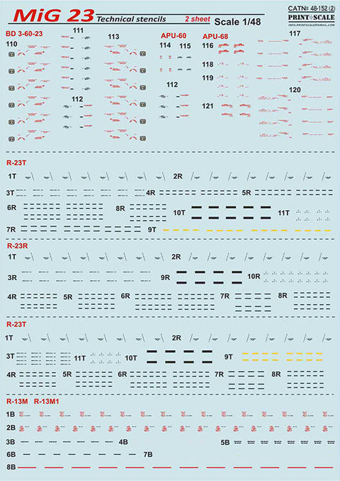 Print Scale 48-152 1/48 MiG-23 Tehcnical stencils, 2 sheets