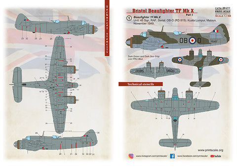 Print Scale 48-211 1/48 Beaufighter Mk.X Part 1 (with 3D decal Instrument panel)
