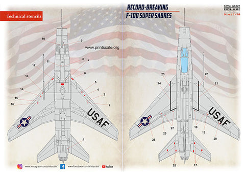 Print Scale 48-221 1/48 F-100 Super Sabre technical stencils 2 leaf