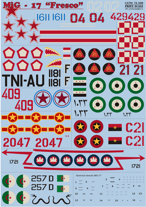 Print Scale 72-008 1/72 MiG-17 “Fresco” International Operators Decals Scale 1/72