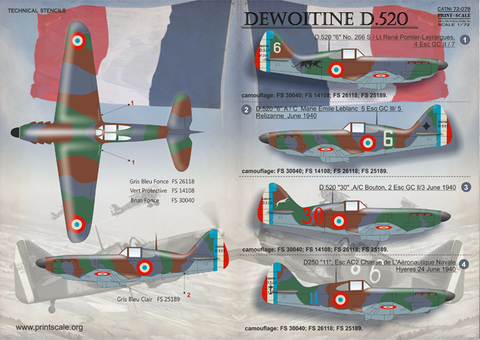 Print Scale 72-078 1/72 Dewoitine D.520 72-078 Scale 1/72