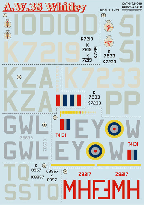 Print Scale 72-099 1/72 Armstrong Whitworth A.W.38 Whitley The complete set 2 leaf