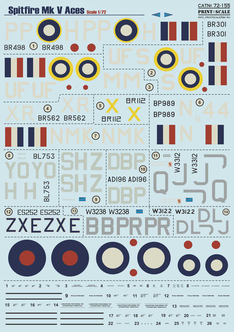 Print Scale 72-155 1/72 Spitfire Mk V Aces 72-155 Scale 1/72