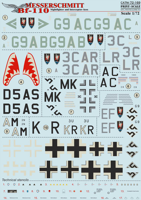 Print Scale 72-169 1/72 Messerschmitt Bf 110 Nightfighter and Interceptor Aces 72-169 Scale 1/72