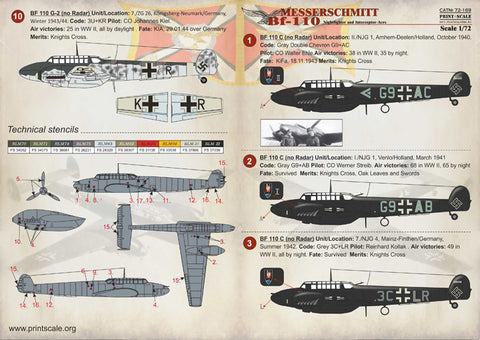 Print Scale 72-169 1/72 Messerschmitt Bf 110 Nightfighter and Interceptor Aces 72-169 Scale 1/72