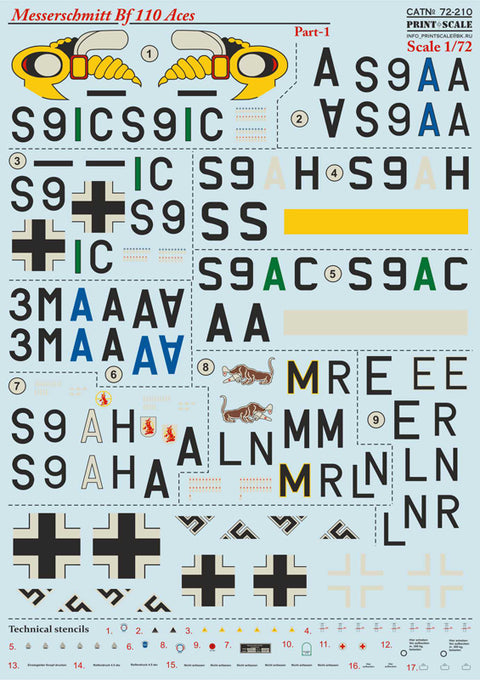 Print Scale 72-210 1/72 Messerschmitt Bf 110 Aces Part 1 72-210 Scale 1/72