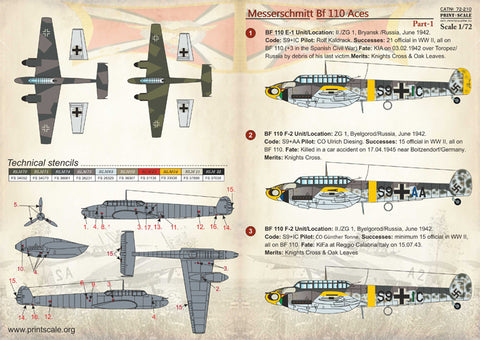 Print Scale 72-210 1/72 Messerschmitt Bf 110 Aces Part 1 72-210 Scale 1/72