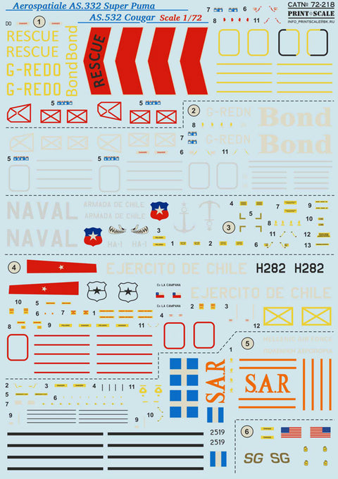 Print Scale 72-218 1/72 Aerospatiale AS.332 Super Puma/AS.532 Cougar In the complete set 1,5 sheets