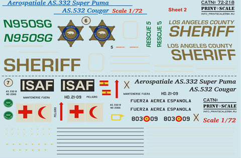 Print Scale 72-218 1/72 Aerospatiale AS.332 Super Puma/AS.532 Cougar In the complete set 1,5 sheets