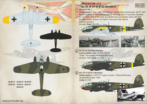 Print Scale 72-231 1/72 Heinkel He 111 H-16 H-20 H-22 Bombers 72-231 Scale 1/72