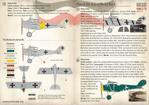 Print Scale 72-253 1/72 Pfalz D.IIIa Aces of World War I