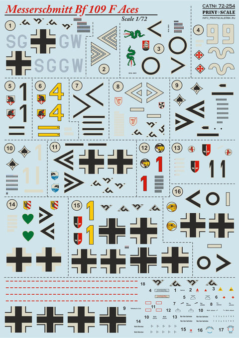 Print Scale 72-254 1/72 Messerschmitt Bf 109 F Aces 72-254 Scale 1/72