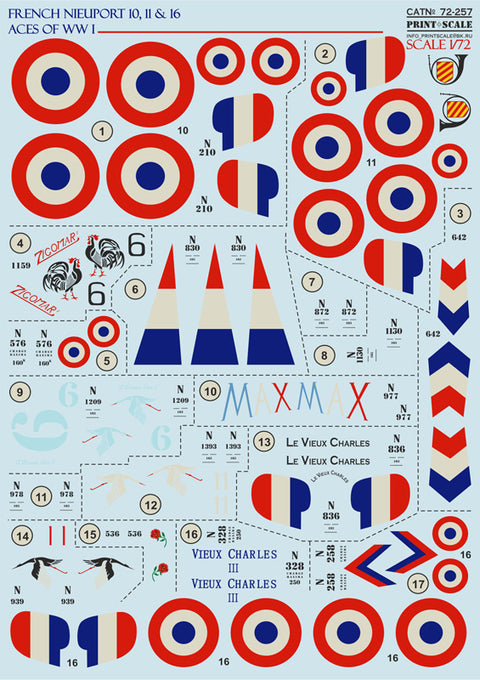 Print Scale 72-257 1/72 French Nieuport 10,11,16 Aces of WW1