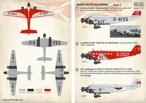 Print Scale 72-277 1/72 Junkers Ju-52 civic version Part 1 In the complete set 2 sheets