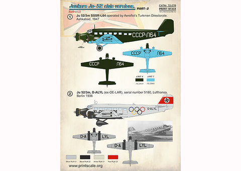 Print Scale 72-278 1/72 Junkers Ju-52 civic version Part 2 In the complete set 2 sheets
